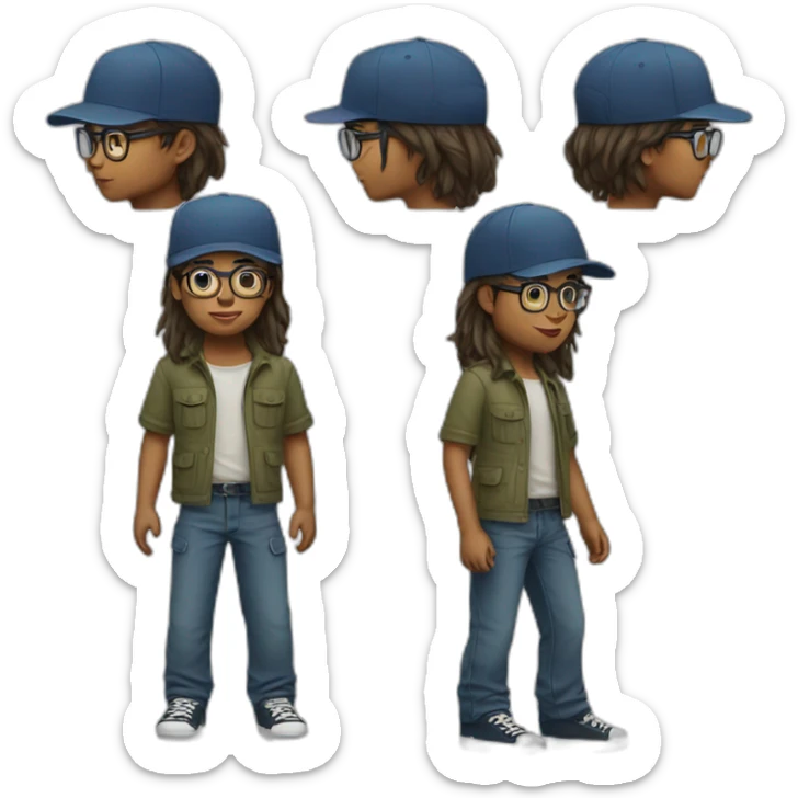 young boy with long hair and cap and Cargo pants and have glasses another hair sticker