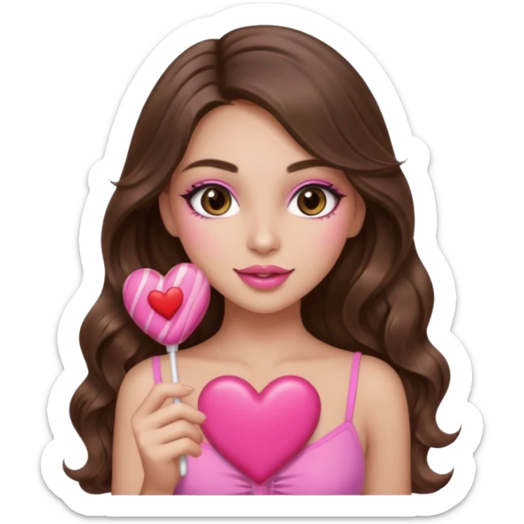 girl with long wavy brown hair, brown eyes, long lashes makeup, sexy pink lips, light to medium complexion, wearing a pink sexy top,, heart lillipop sticker