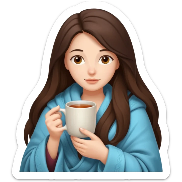 brunnette girl with long hair snuggled up in a blanket and holding a hot tea in her hands sticker