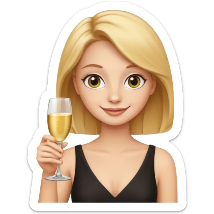 leo woman apple emoji style holding a glass of champagne, minimal details, round face, big eyes sticker
