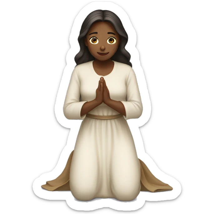A woman kneeling praying, in a long dress, long dark brown hair sticker