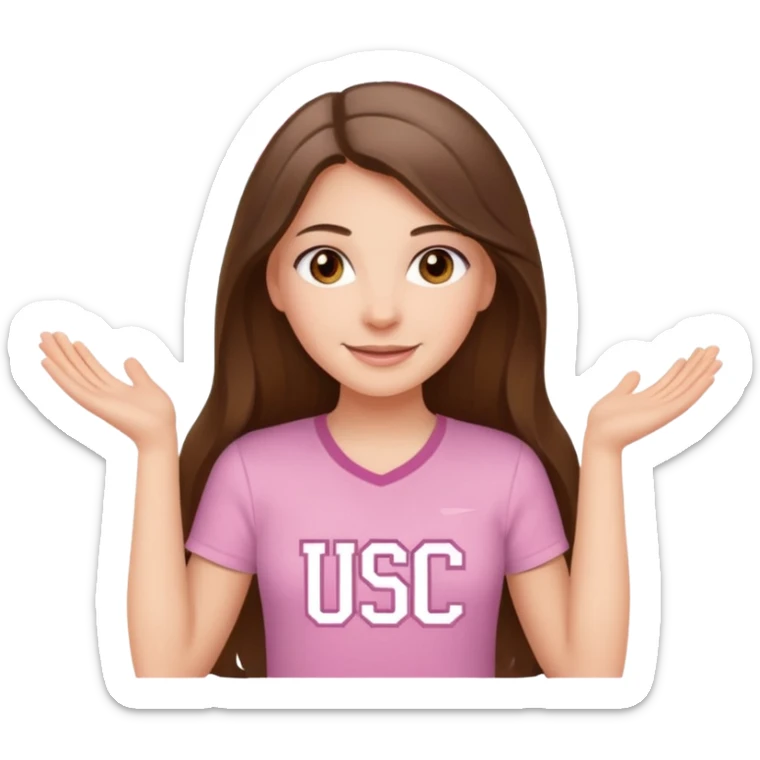 happy white long brunette hair girl with hazel eyes and in a light pink shirt with the letters USC in white sticker