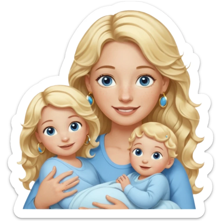 Wavy blonde, white woman with blue eyes, freckles hoop earrings, holding babies smiling and really cute in gold hoops she needs to be holding three newborns, and she needs to be more cute than pretty sticker