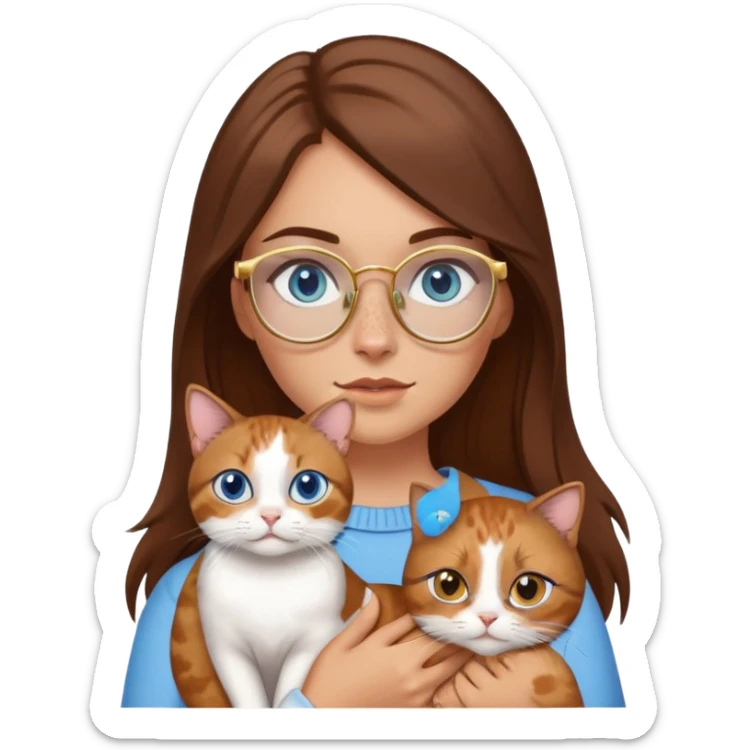 White girl with blue eyes, brown hair, freckles, and gold glasses, holding a small calico cat sticker