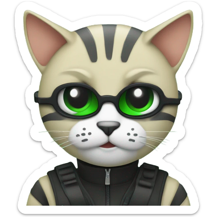 Generate a emoji of the face has a cat and the overview of this concept is hacker programming in a laptop that laptop has programming in green colour and screen in black colour and over all theme is in black colour sticker