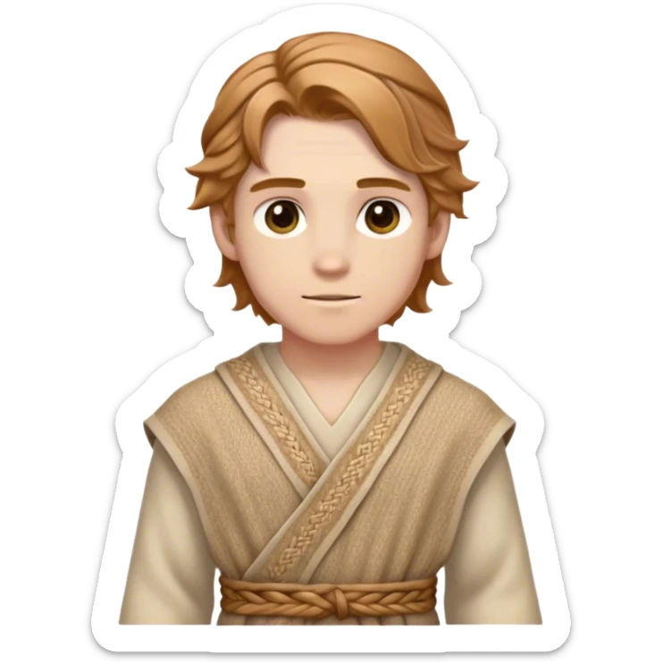 Medieval spring outfit worn by a DnD themed fantasy male character. Wheat-colored wool tunic with subtle herringbone weave pattern, cinched with a braided fabric sash. Clothes only above the waist, full waist coverage. The character has no arms. Character is white-skinned with light chestnut hair, golden brown eyes, and medium-length wavy hair. sticker