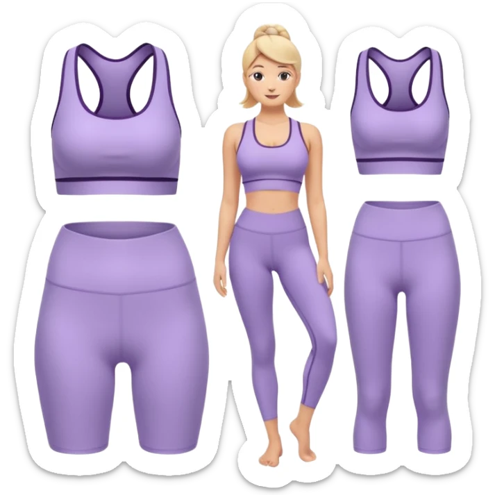 modern yoga set emoji, lavender sports bra and leggings high-waisted, subtle ribbed details small logo, comfortable flexible outfit, wellness yoga activities sticker