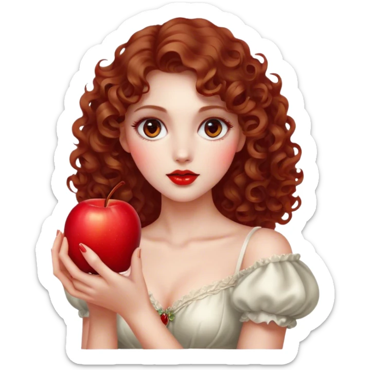 Cinematic Elegant Snow White Portrait Emoji, Delicately holding a red apple, eyes glimmering with mystery, soft curls perfectly placed, her royal presence glowing with a warm, enchanting charm! sticker