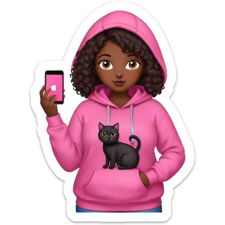 curvy girl with dark brown curly hair in pink hoodie with black cat on her hand sticker