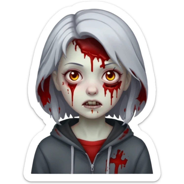 zombie girl with blood and grey hair with a dark hoodie on sticker