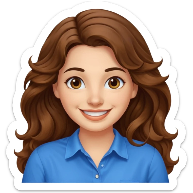 30 yr old italian woman, long brown wavy hair, big brown eyes, huge smile, bright blue shirt, no bangs, a bit chubby sticker