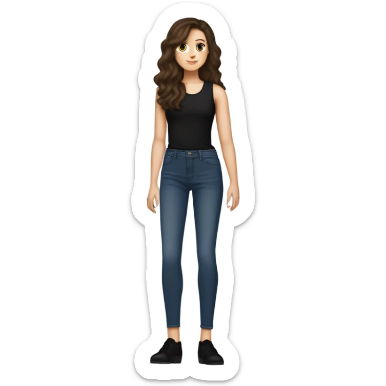 tall skinny brunette haired girl with brown eyes medium wavy hair and middle part curtain bangs wearing dark wash jeans and black high neck tank top and black mary jane heel shoes standing and holding fat black cat with white spot on its belly sticker