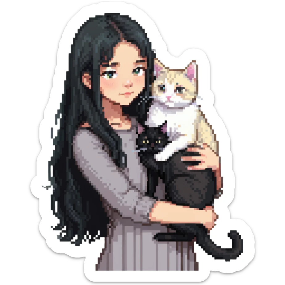 Beautiful girl with long black hair petting a gray and blonde mixed cat sticker