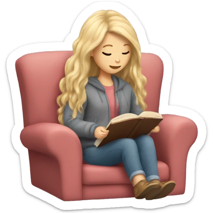 long hair white girl reading a book in cozy chair  sticker