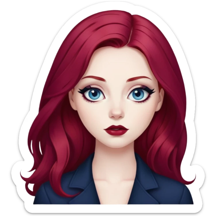 pretty baddie, wine red hair, cute lips, pale skin, long hair, dark blue eyes, bold black eyeliner sticker