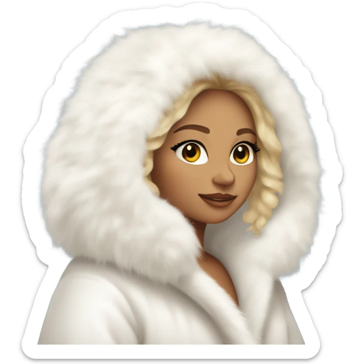 Tanned Girl with lashes , blonde hair, in an extremely big fluffy oversized white fur coat with hood on. The fur is real and it’s very obvious big and fluffy, aestheticism sticker