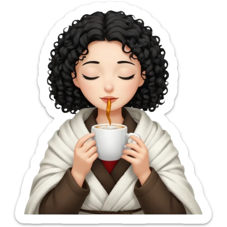 Gözleri kapalı, beyaz tenli ve kıvırcık siyah saçlı saç boyu orta omuzlarında bir kadın avatar, battaniyeye sarılmış halde beyaz bir Türk kahvesi fincanından içeceğini huzurla yudumluyor. sticker
