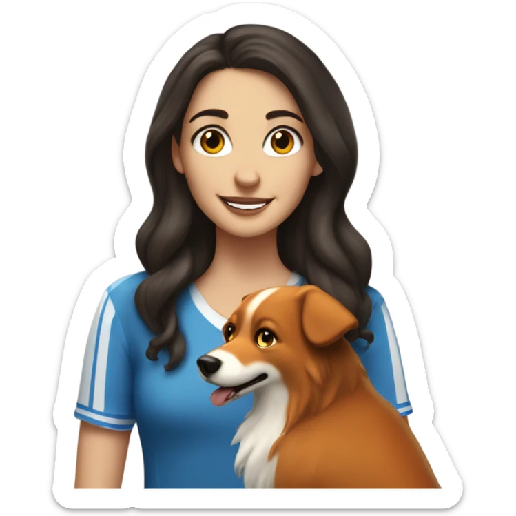 White girl with long wavier dark brown hair celebrating Hanukkah with her fox looking dog sticker