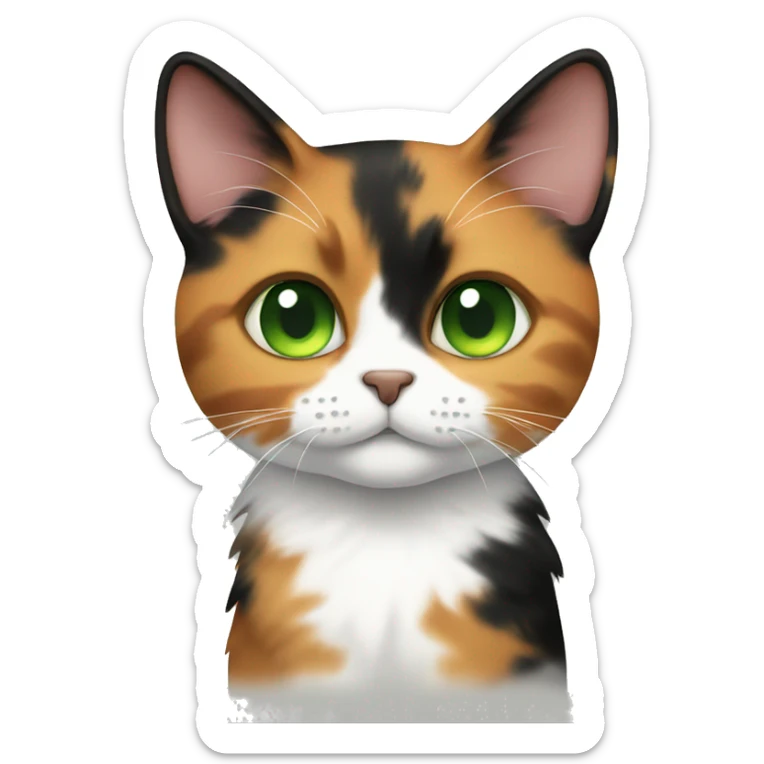 calico cat with a mix of black, orange, and white fur, green eyes sticker