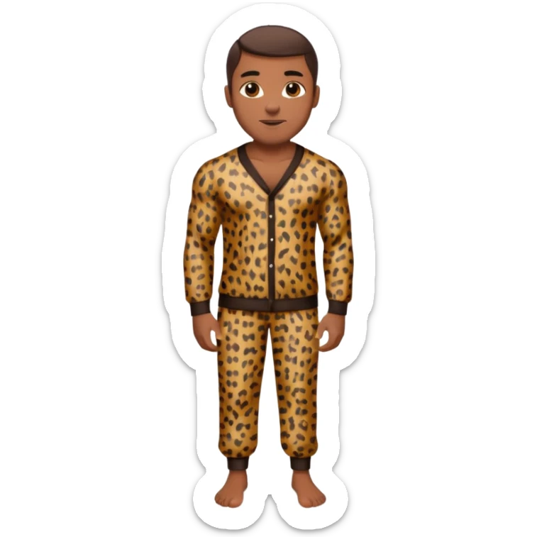 Handsome Black man with brown skin tone, with muscular build, wearing long sleeve leopard print pajamas and white slippers sticker