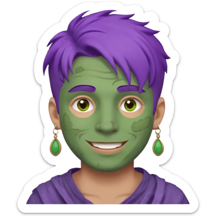 purple haired man with full full face dirty messy green clay mask and earrings happy  sticker