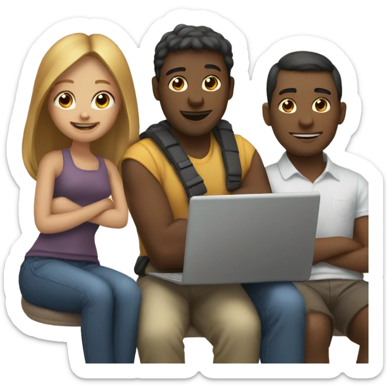 2 girl and 3 man each of them holding laptop and sit together  sticker