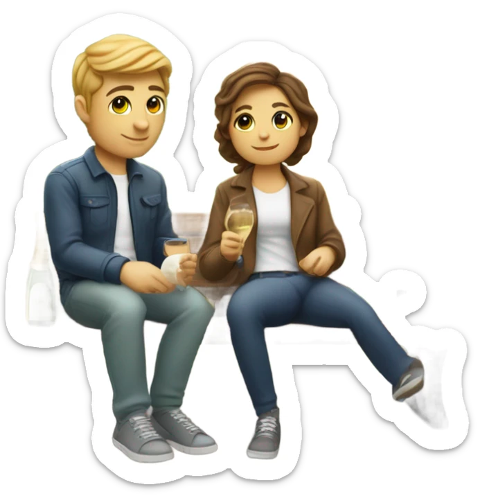 couple of white people with brown hair, sitting closely on a park bench, enjoying a romantic moment. One person is holding a croissant, and the other is holding a glass of Prosecco.  sticker