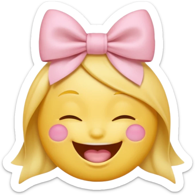 classic yellow laughing emoji with a very pretty pale pale pink bow no nose and closed eyes sticker