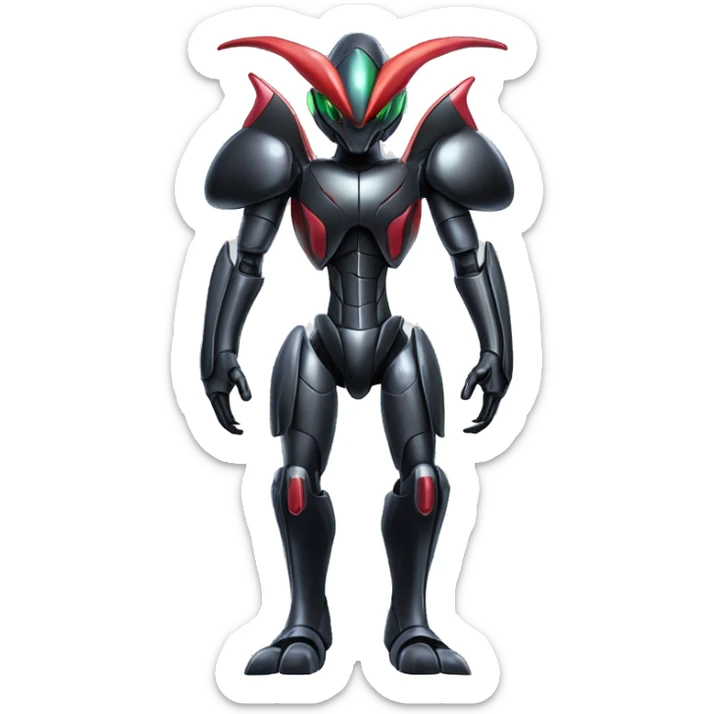 a shiny metallic black Genesect-Flygon-Raptor-Fakémon-Medabot-hybrid with a futuristic visor-helmet full body sticker