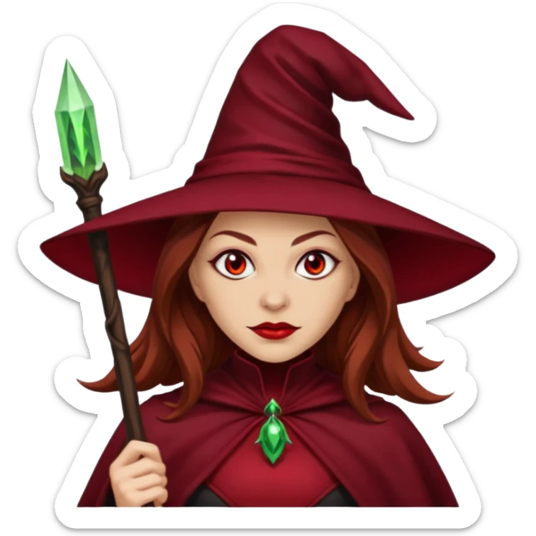 Wicked Witch of the East from the Wizard of Oz with light skin, red eyes, brown long hair, dark red outfit sticker