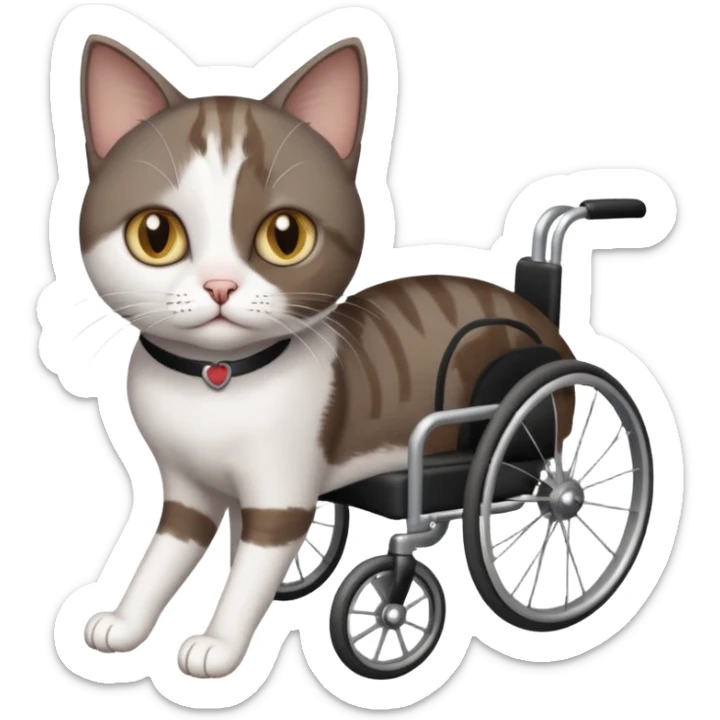 full body small short hair dark brown and white cat with hazel eyes walking in a wheelchair for cats sticker