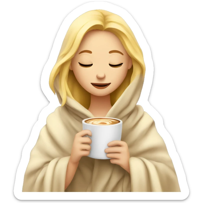 Blonde girl inside a blanket sipping coffee eyes closed sticker