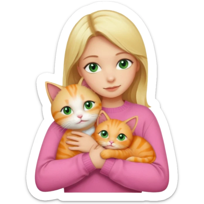 blonde girl with green eyes and in pink sweater hugging two orange cats  sticker