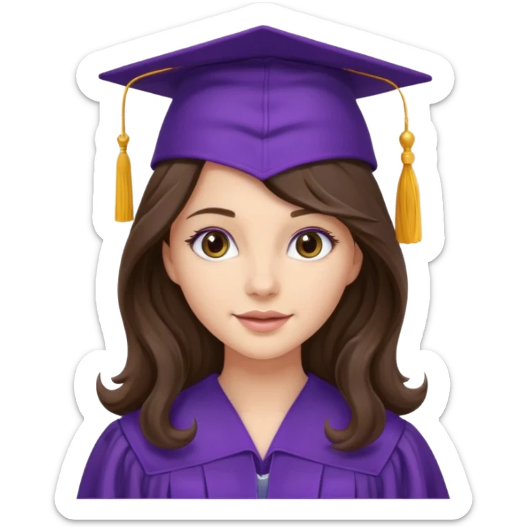 pretty brunette with long wavy hair wearing a purple graduation cap and gown sticker