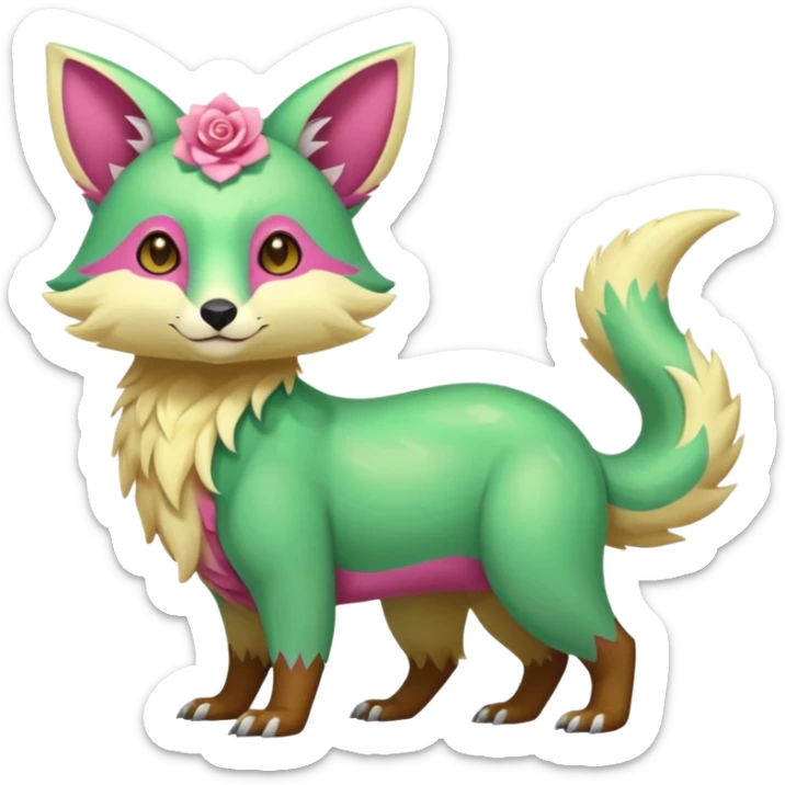 Colorful brown with rose-pink, yellow-beige-cream, jade-green tropical exotic shiny beautiful fantasy-Vernid-Cacomistle-animal-Fakémon-hybrid-fursona (full body) sticker