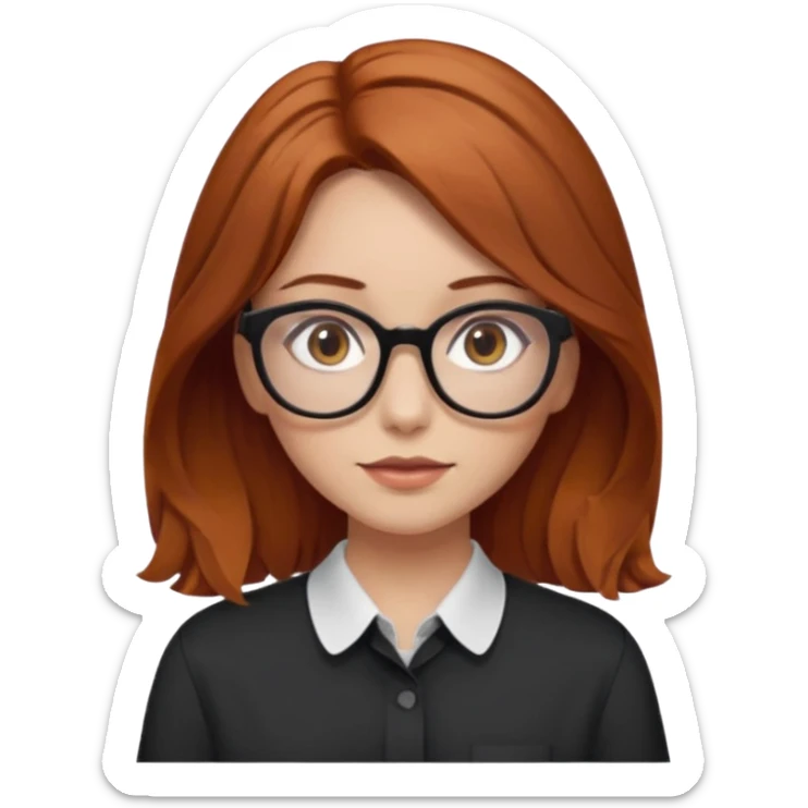 red-brown haired girl, middle length straight hair - wavy towards the ends, brown almond eyes, thick black glasses, oversized shirt sticker
