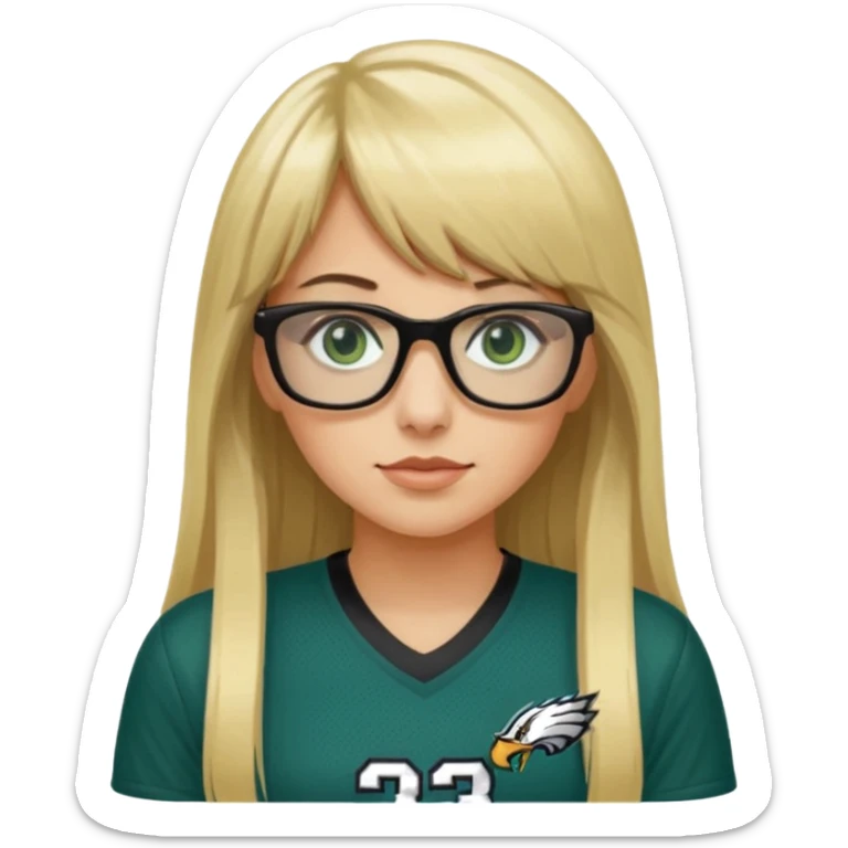 long blonde hair with bangs black rectangle glasses female green eyes football player wearing eagles jersey number 33 sticker