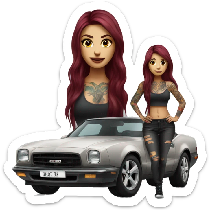 Beautiful tattooed burgundy long haired woman standing next to a car sticker