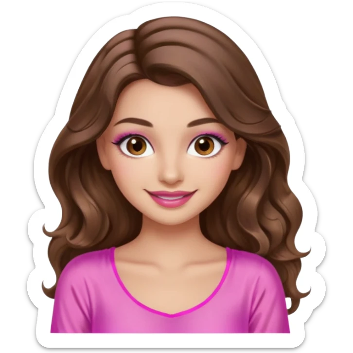 girl with long wavy brown hair, brown eyes, long lashes makeup, sexy pink lips, light to medium complexion, wearing a pink sexy silk top, smiling sticker