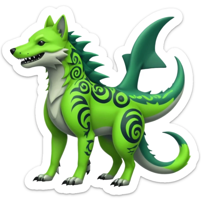 Edgy cool badass Neon-green landhai-sergal-dingo-hyena-wolf-raptor, with a shark tail, with black and dark-green swirly patterns markings sticker