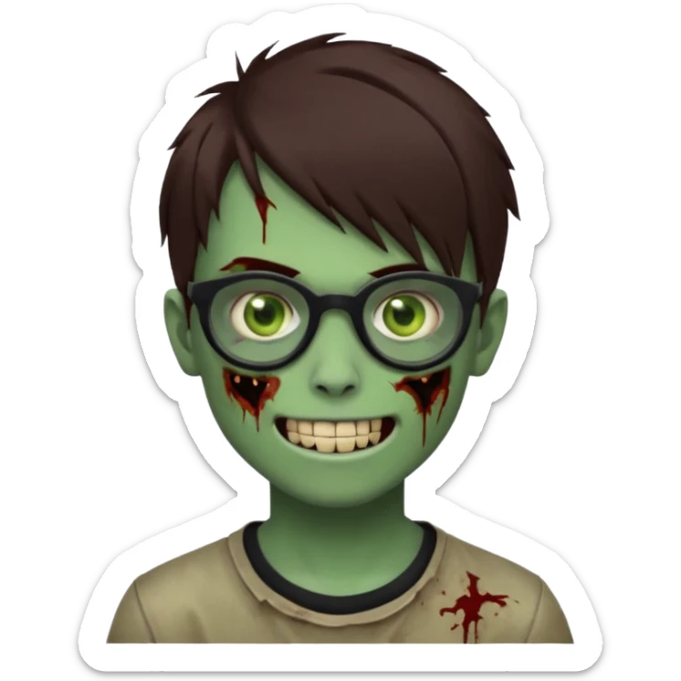Zombie emo boy, green skin and brown hair and brown eyes, black glasses and a scary smile with a cut on the side, scars and blood under eyes sticker
