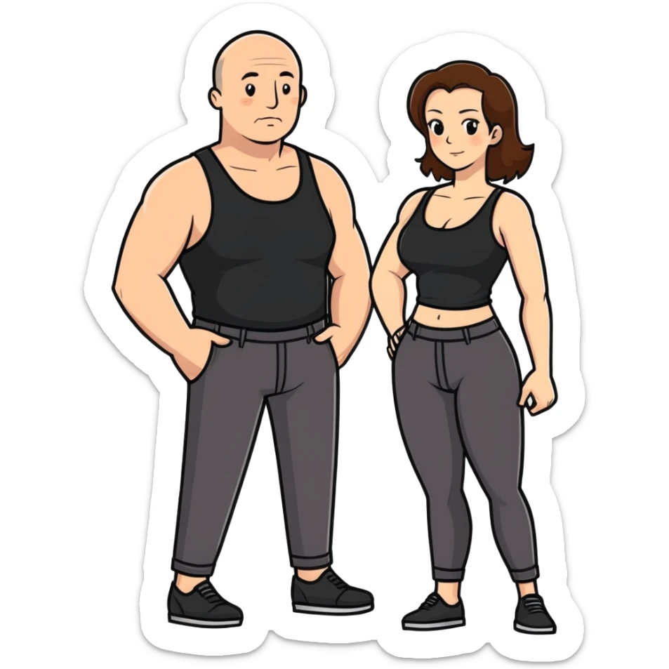  One Caucasia woman with brown hair and big boobs,  a black tank top and pants with her hand in the pants of a bald man sticker