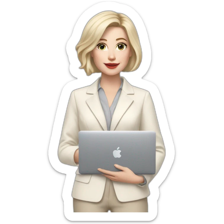 pale skin woman with ash blonde Straightened bob Hair, White Spacious classical jacket, beige palazzo Arrow pants and gray blouse holding a MacBook in the hands sticker