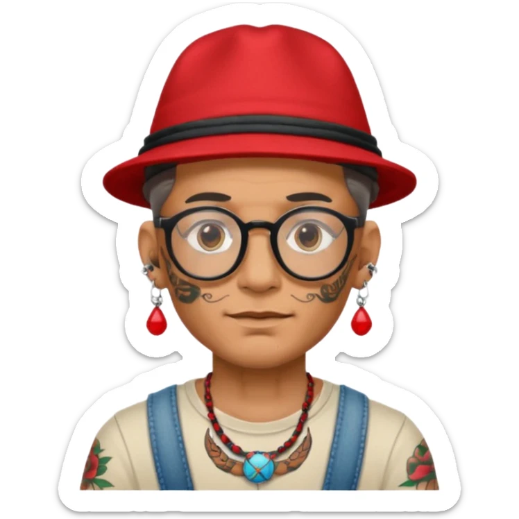 unique looking tourist with big unique red tourist hat and earrings, man with lots of tattoes and spectacles, hair showing sticker