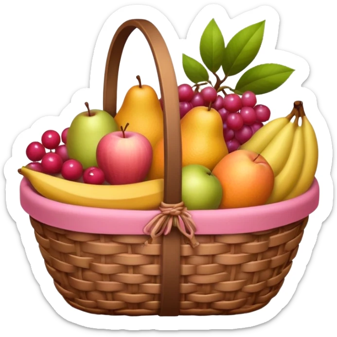 A brown basket of fruits with some pink aesthetic motives on the basket in an ios 18 emoji  sticker