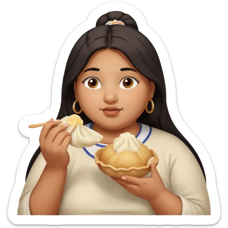 Can you create an emoji of a half Indian - half white 23 year old girl with dark brown mid length hair and brown eyes who is super obese and eating a dumpling. Can the emoji be from head to toe sticker