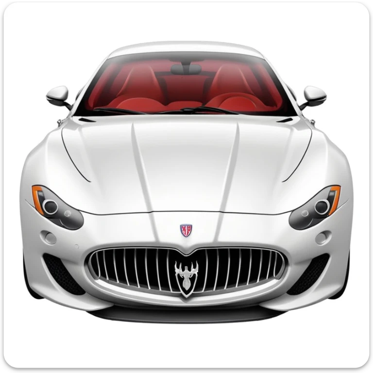 emoji-style Maserati sports car with bold grille, trident logo, sleek curves, vibrant highlights, minimal linework, white or light gray background, emphasizing speed and sophistication sticker