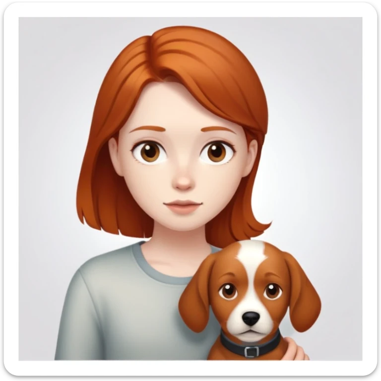 Dark hair girl and ginger hair boy with a brown short dog sticker