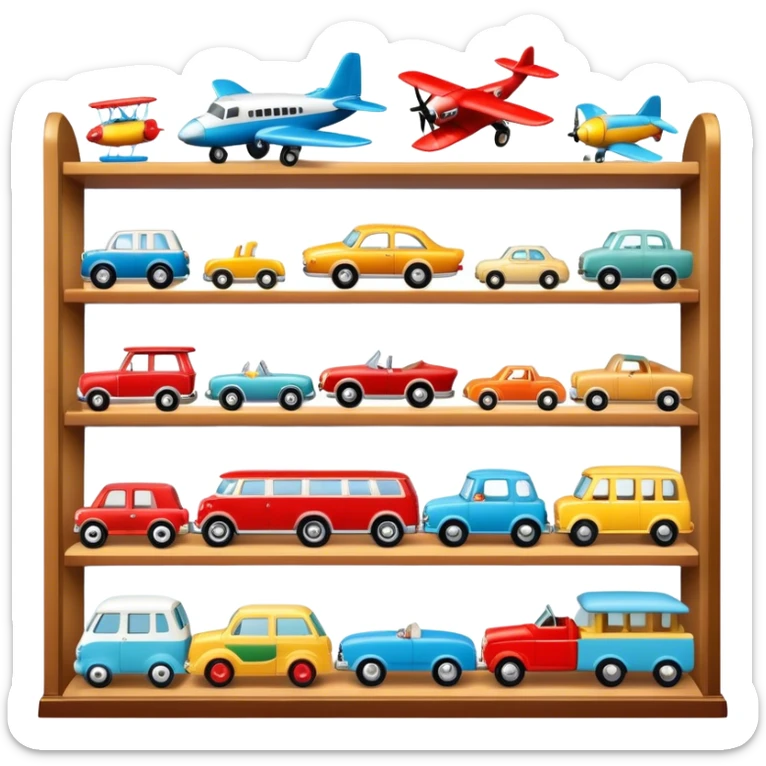 Icon for Toy Collecting: a collection of various vintage toys such as dolls, tumblers, cars, planes, ships, action figures and plush animals, displayed neatly on shelves or in display cases. The icon should evoke the joy and nostalgia of collecting toys. Transparent background. sticker
