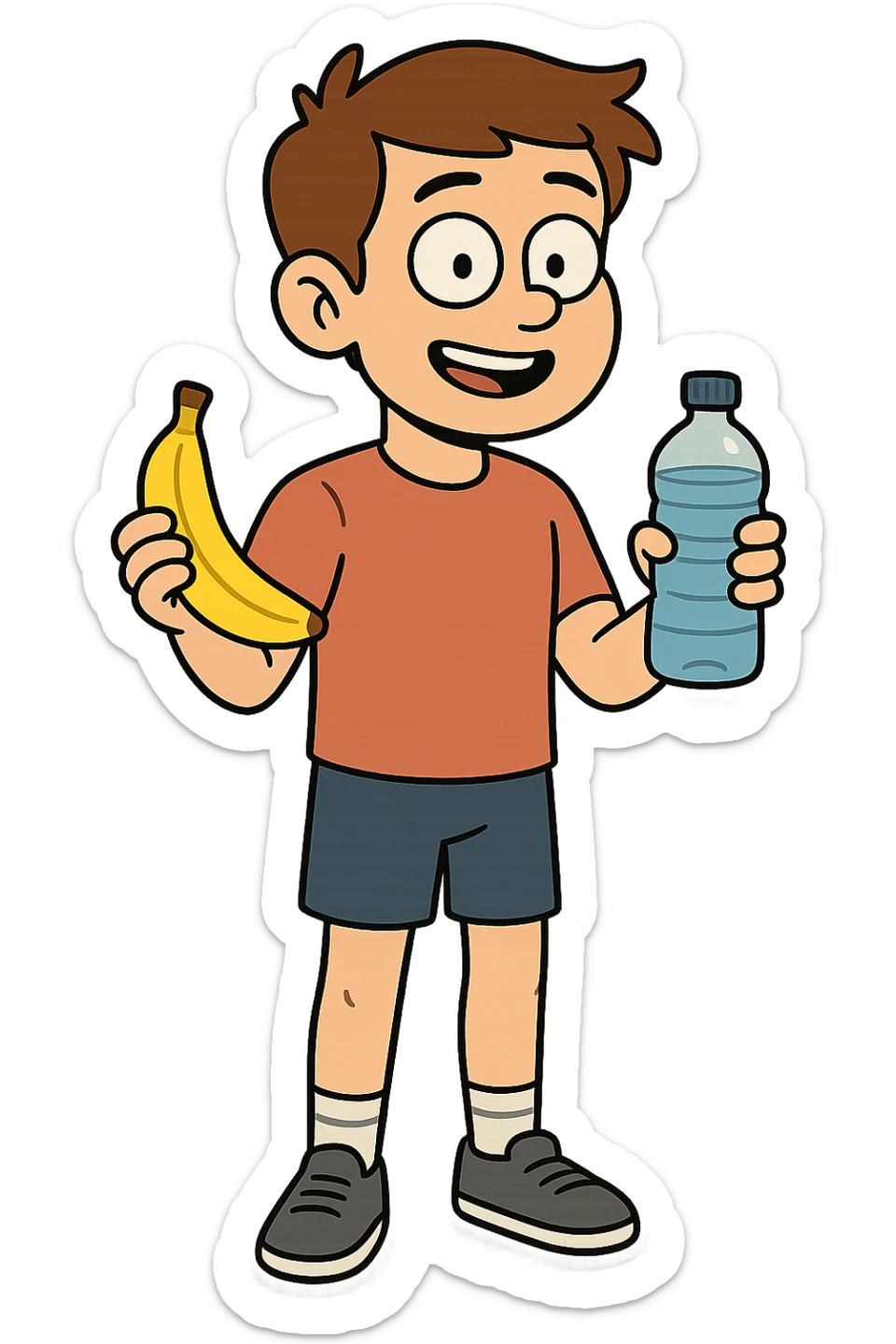 The full body of a young boy who is fit and healthy holding a banana and a drinking bottle of water sticker